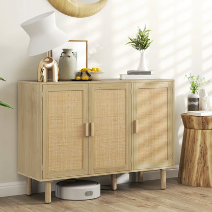 Bohemian Sideboard, 46.9" Buffet Cabinet, 3 Rattan Doors, Shelves, Oak Storage Cabinets at Gallery Canada