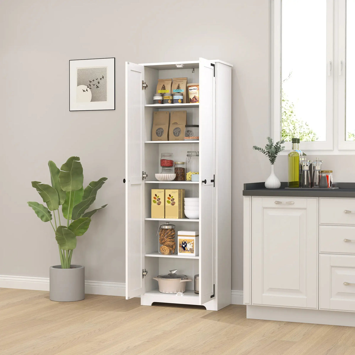 67" Farmhouse Pantry Cabinet, 2 Doors, Adjustable Shelves, Distressed, White Storage Cabinets at Gallery Canada