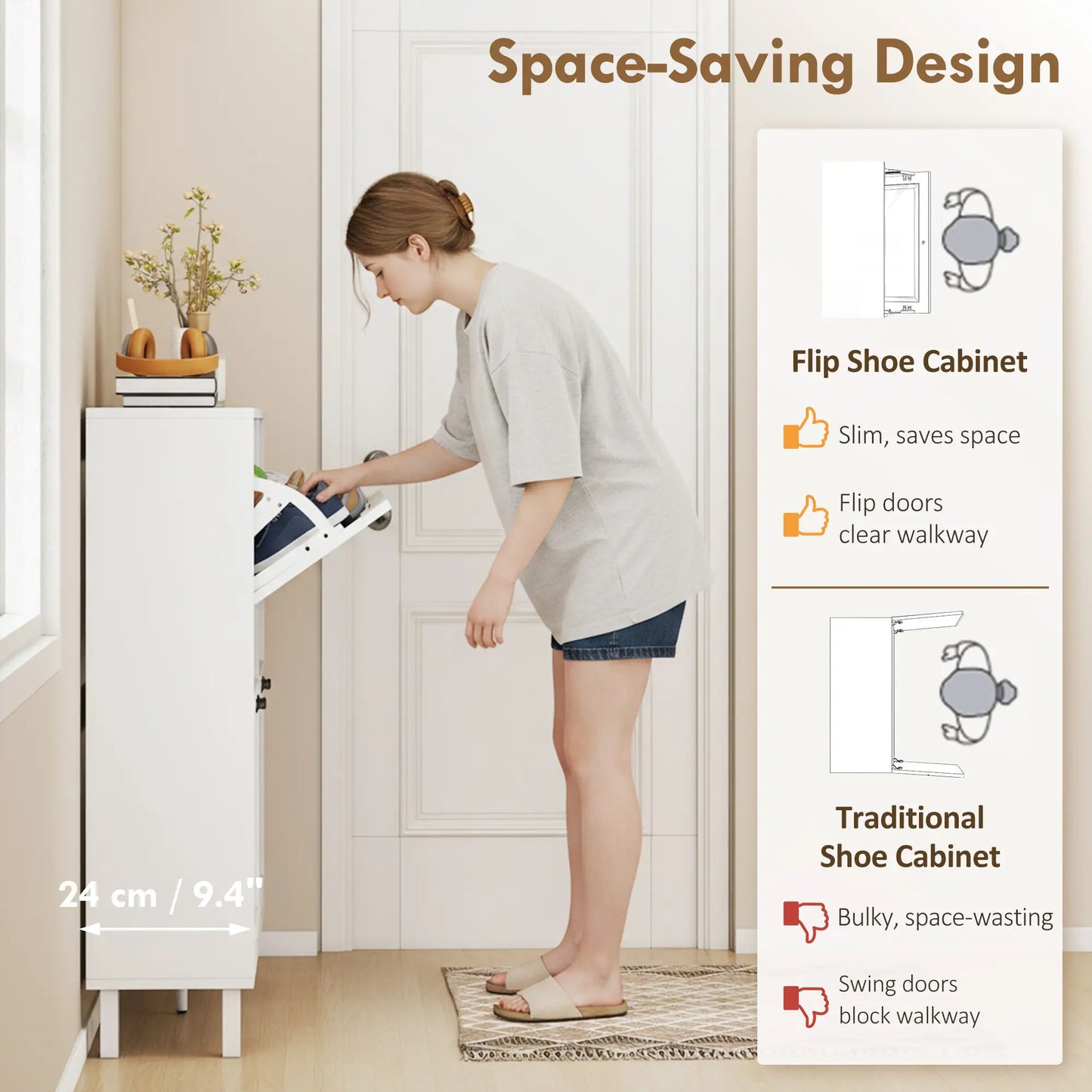 Shoe Cabinet with 4 Flip Drawers, Freestanding Narrow Shoe Storage Cabinet with Adjustable Shelves, Open Back, White
