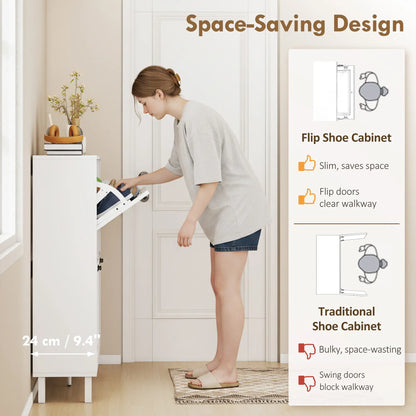 Shoe Cabinet with 4 Flip Drawers, Freestanding Narrow Shoe Storage Cabinet with Adjustable Shelves, Open Back, White