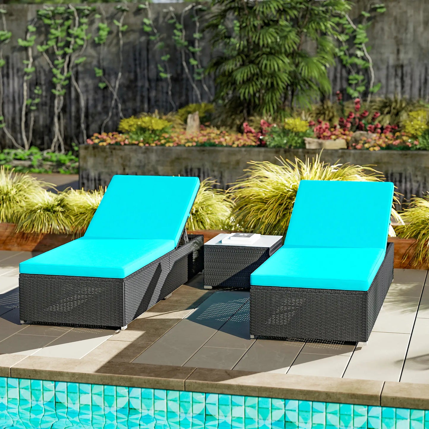3pc Rattan Lounge Chair Set with Side Table Outdoor Patio Synthetic Rattan Wicker Sun Bed Set with Cushion Chaise Loungers at Gallery Canada