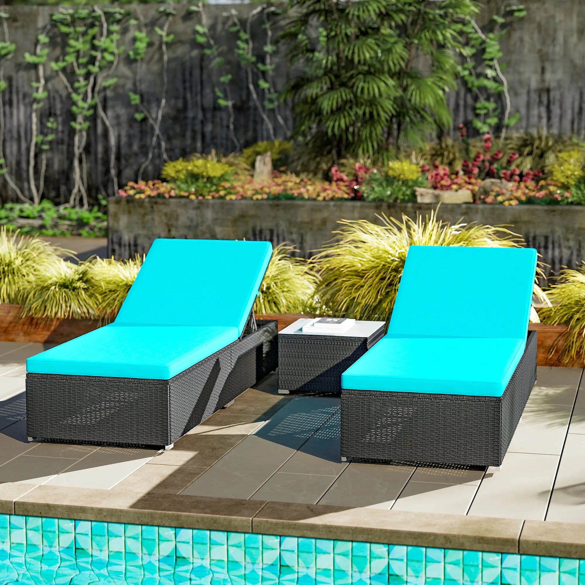 3pc Rattan Lounge Chair Set with Side Table Outdoor Patio Synthetic Rattan Wicker Sun Bed Set with Cushion Chaise Loungers at Gallery Canada
