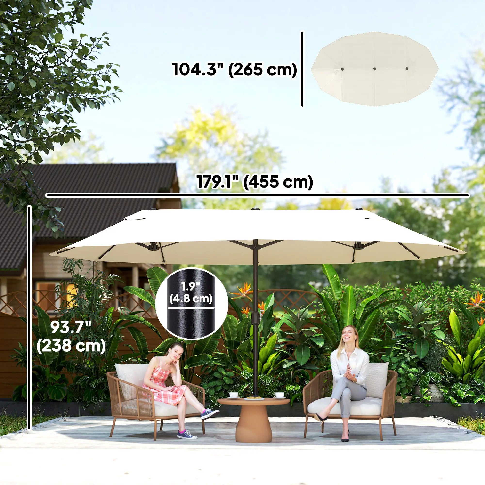 15' Outdoor Patio Umbrella, Twin Canopy Sunshade, Lift Crank, Beige Sun Umbrellas at Gallery Canada