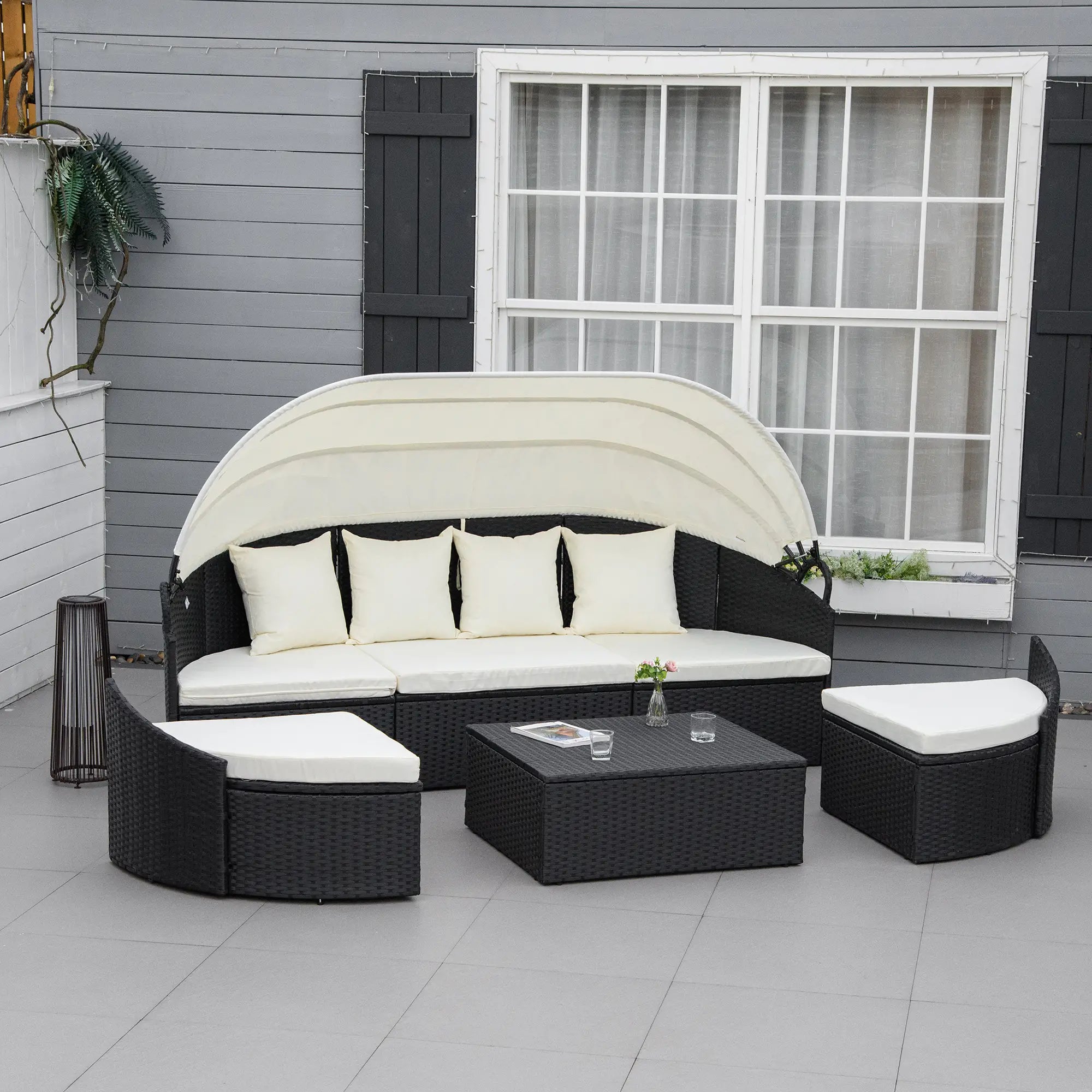 4-Piece PE Wicker Round Daybed, Outdoor Rattan Lounge Set, Cream Daybeds at Gallery Canada