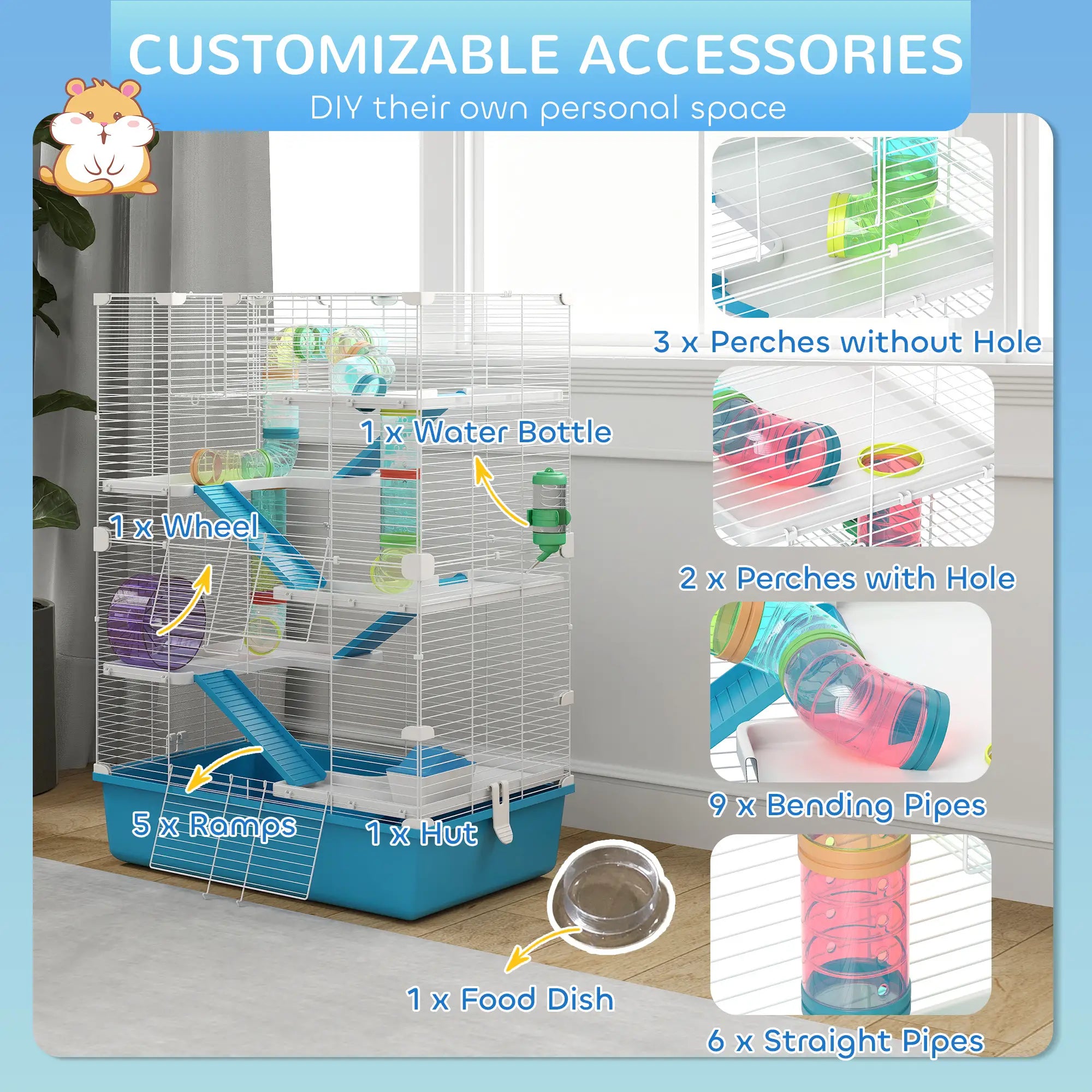 6 Tier Hamster Cage with Tunnels, Wheel, Light Blue Hamster Cages at Gallery Canada