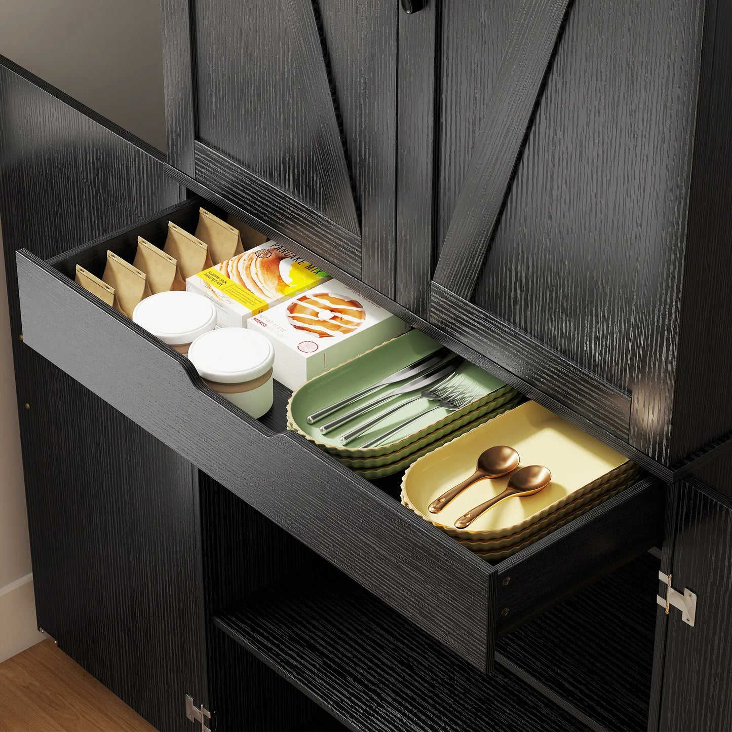 72 Inch Kitchen Pantry Cabinet, 4 Doors, Drawer, Shelves, Black Kitchen Pantry Cabinets at Gallery Canada