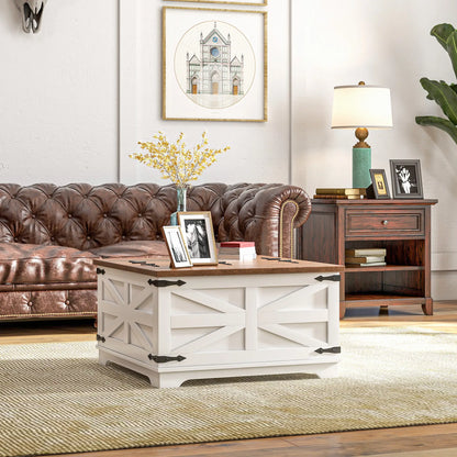 Farmhouse Coffee Table, Square Flip-Top Lid, Hidden Storage, White Coffee Tables at Gallery Canada