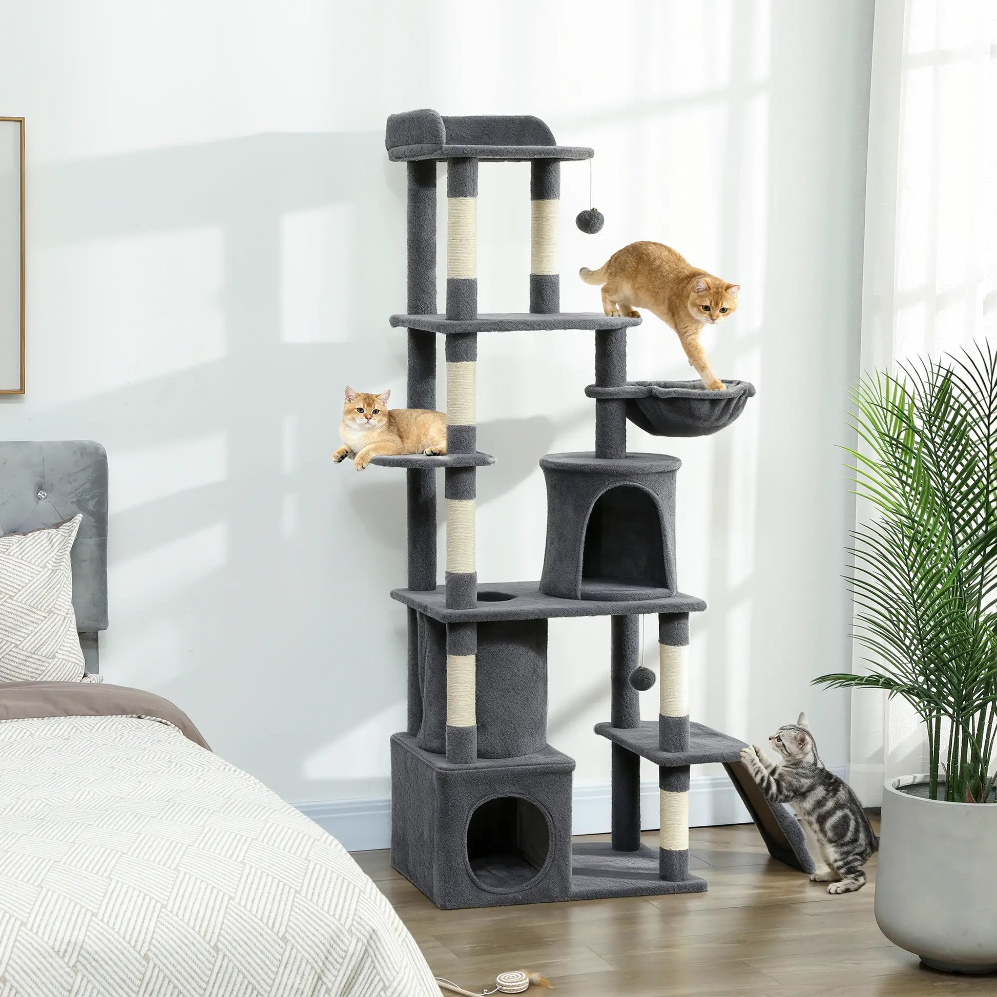 67 Inch Large Cat Tree, 7 Scratching Posts, Tunnel, 2 Condos, Hammock, Dark Grey Cat Towers at Gallery Canada