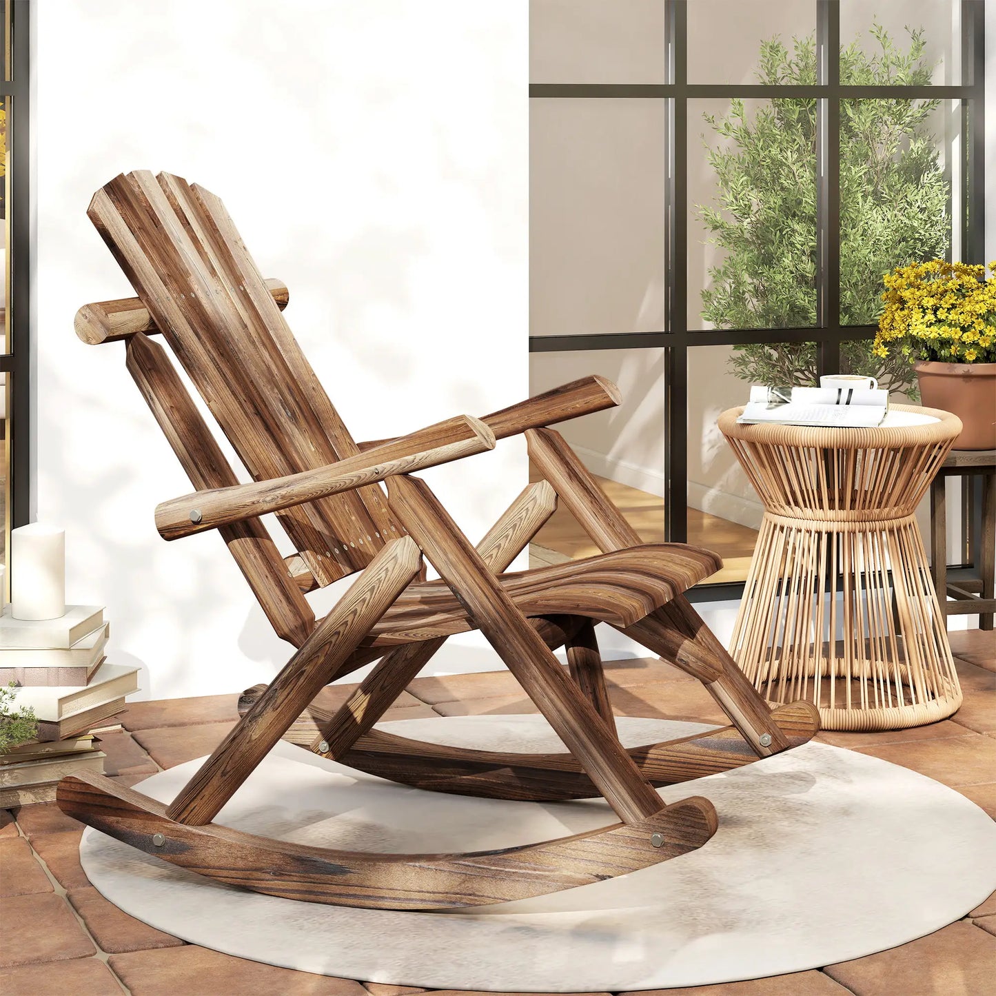 Wooden Outdoor Rocking Chair, Oversized Adirondack Patio Rocker, Carbonized