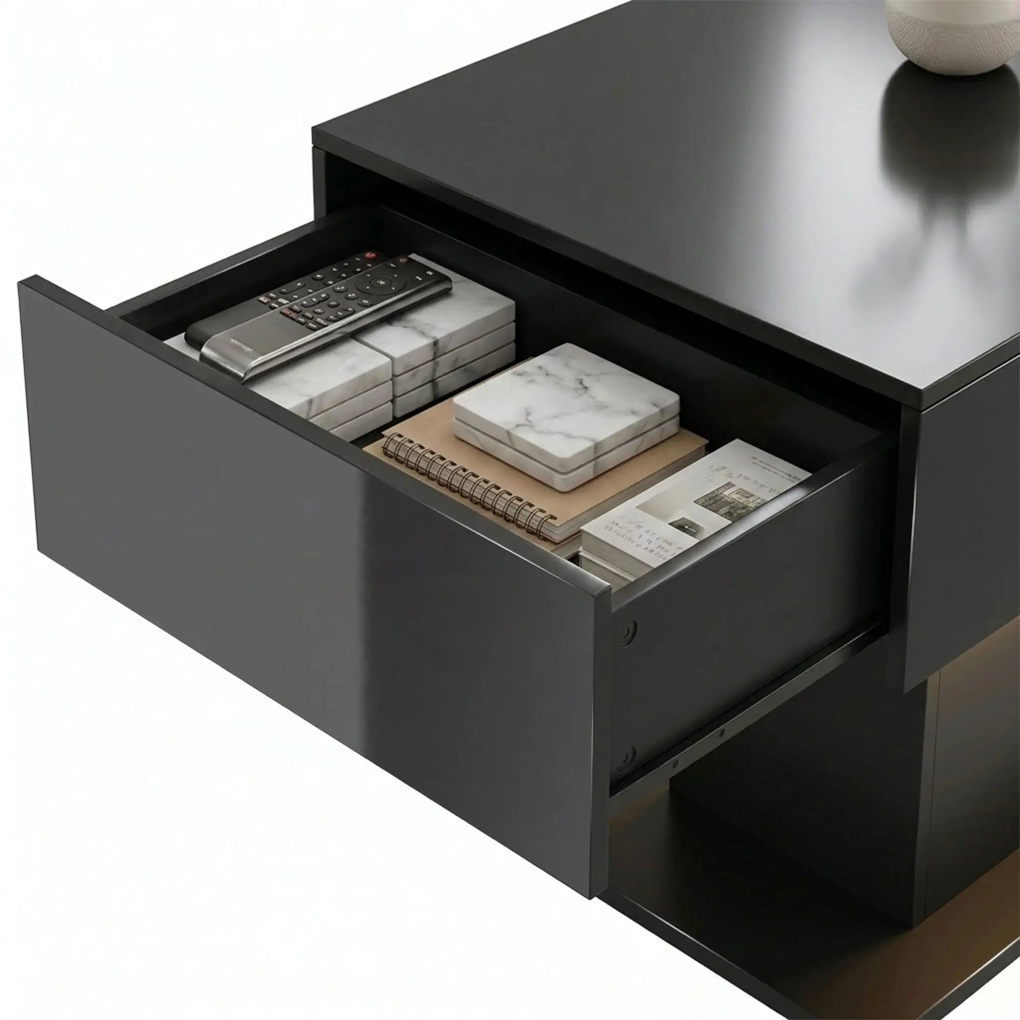 LED Coffee Table with Storage, High Gloss Modern Center Table with 2 Drawers and Remote Control for Living Room, Black Coffee Tables at Gallery Canada