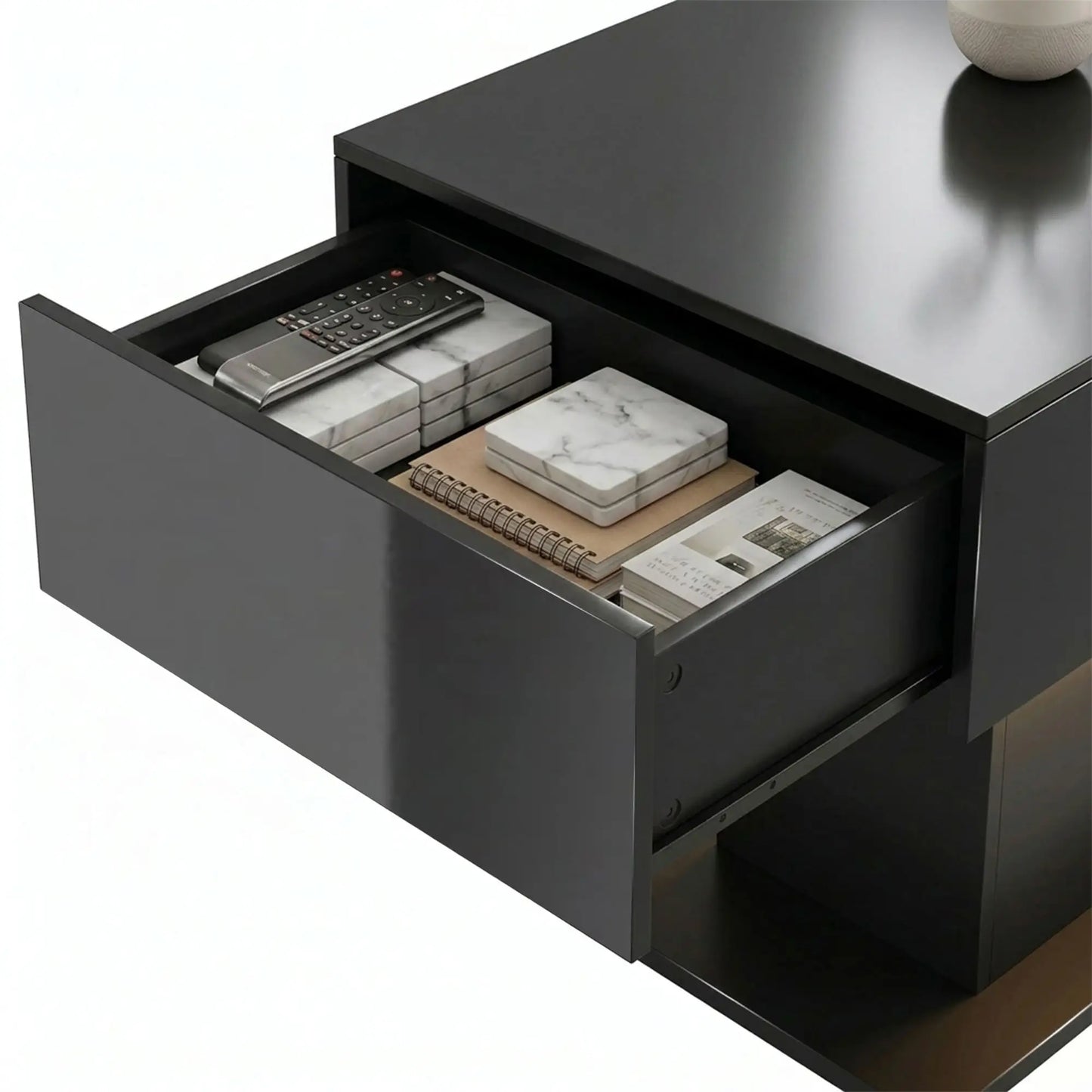 LED Coffee Table with Storage, High Gloss Modern Center Table with 2 Drawers and Remote Control for Living Room, Black Coffee Tables at Gallery Canada
