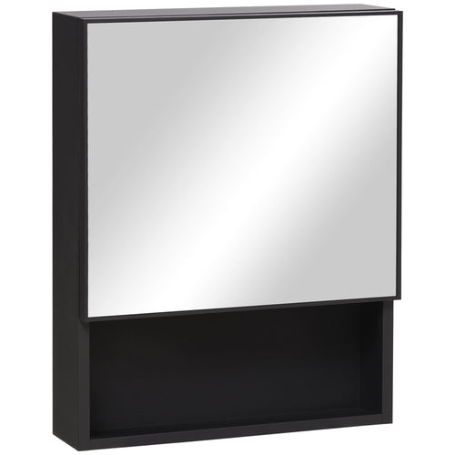 Bathroom Medicine Cabinet, Wall-Mounted Mirror Cabinet with Single Door, Storage Shelves and Stainless Steel Frame for Laundry Room, Black