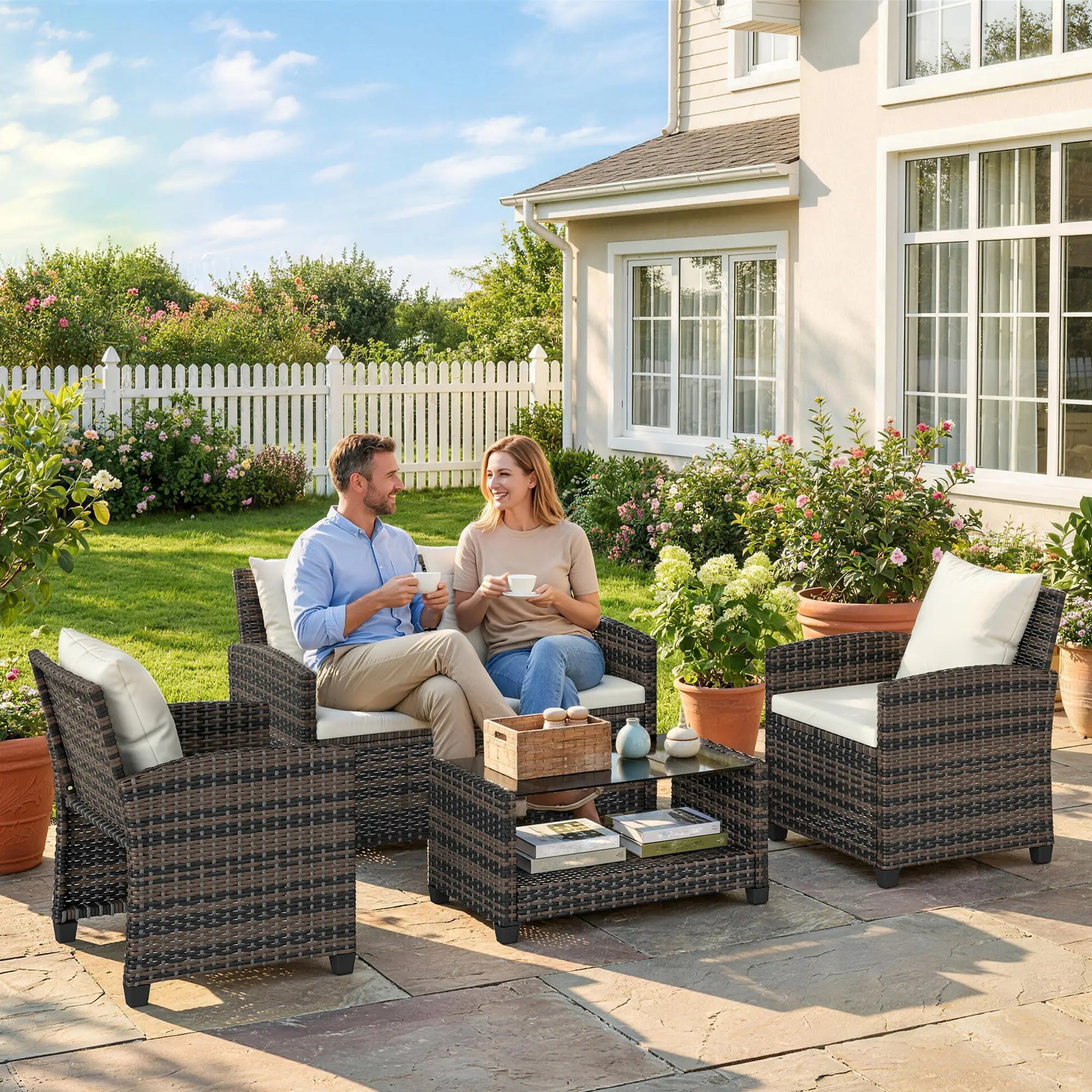 4 Piece Wicker Patio Furniture Set, Loveseat, Chairs, 2 Tier Table, Beige Patio Furniture Sets at Gallery Canada