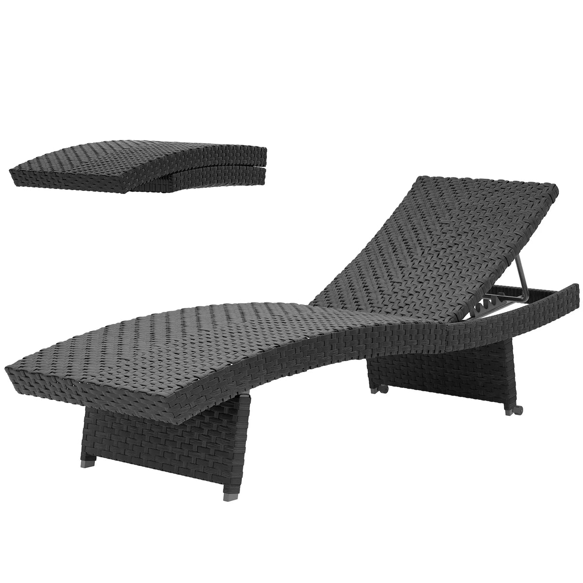 Folding Wicker Outdoor Chaise Lounge, 4-Level Adjustable Backrest, Black Wicker Chaise Loungers Black at Gallery Canada
