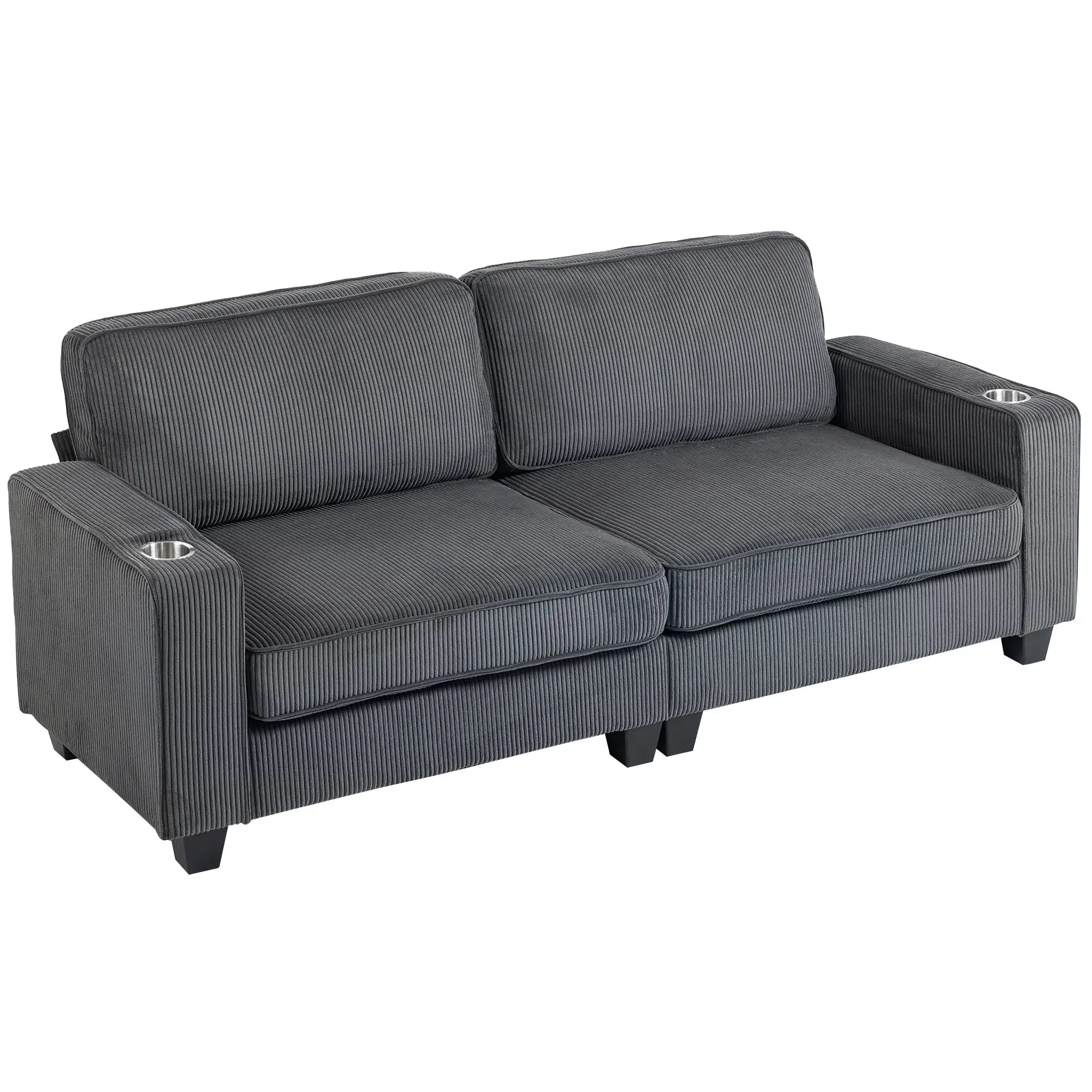 Three Seater Sofa, Fabric Couch with Spring Cushion, Cup Holders, Dark Grey 3-Seater Sofas Dark Grey at Gallery Canada