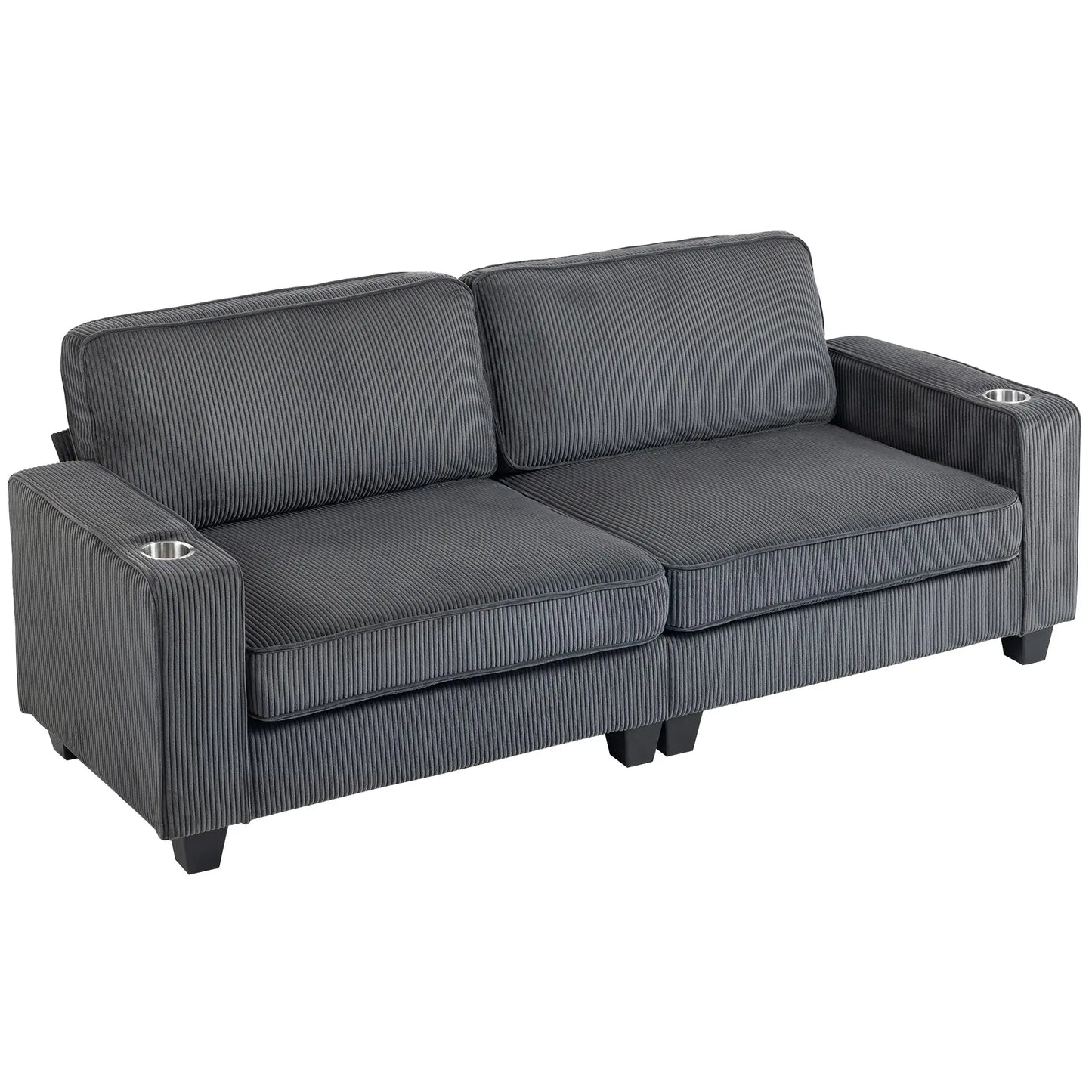 Three Seater Sofa, Fabric Couch with Spring Cushion, Cup Holders, Dark Grey 3-Seater Sofas Dark Grey at Gallery Canada