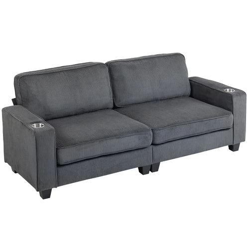 Three Seater Sofa, Fabric Couch with Spring Cushion, Cup Holders, Dark Grey