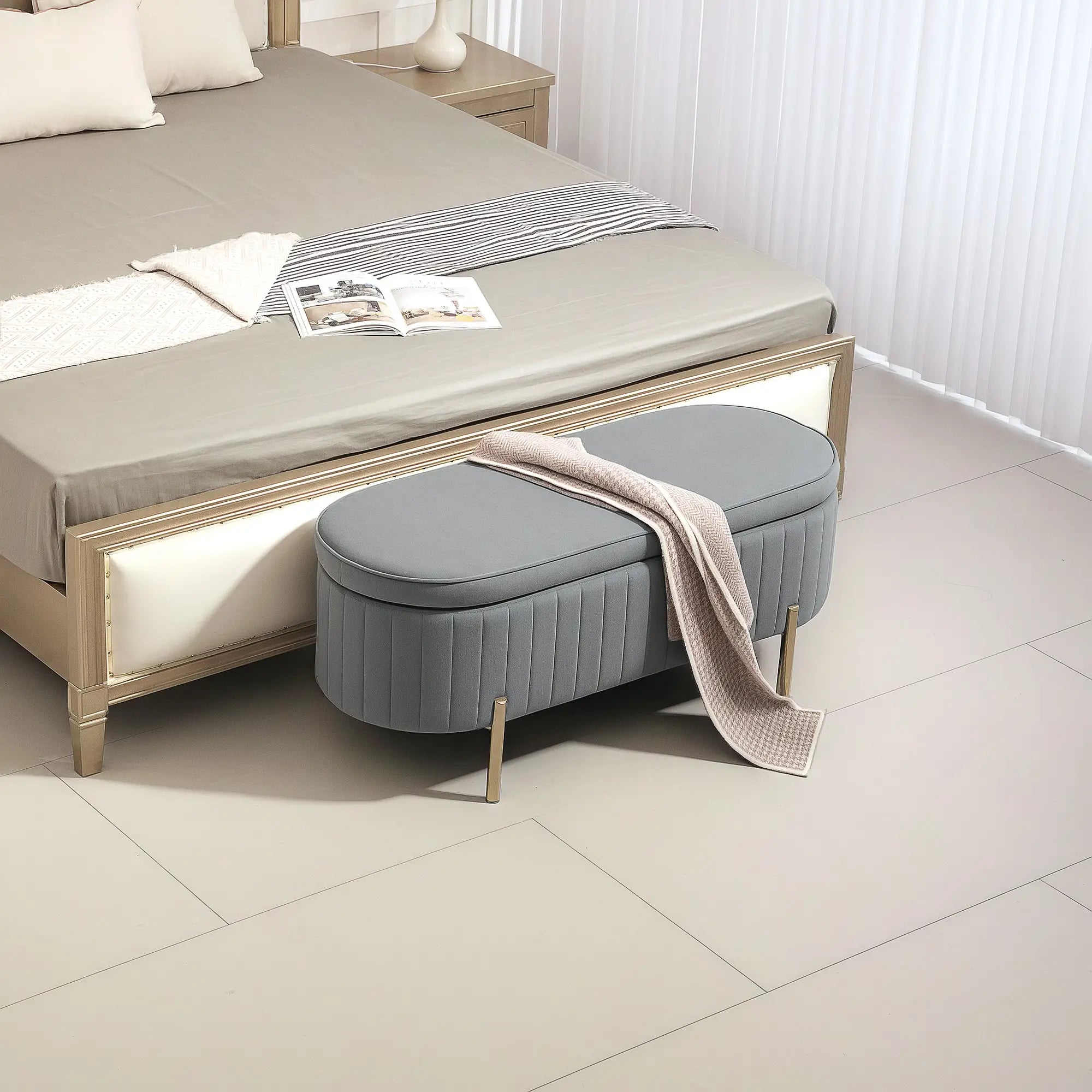 Upholstered Channel Tufted Ottoman Bench, Thick Padding, Metal Legs, Grey Storage Ottomans & Benches at Gallery Canada