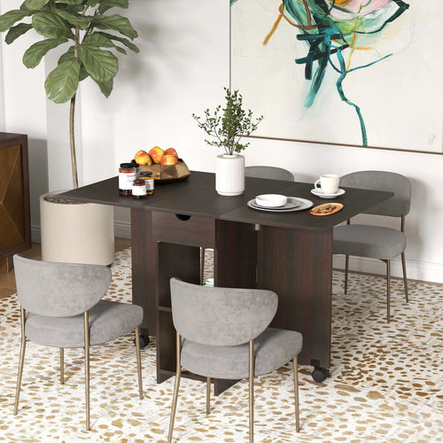 Folding Dining Table, Drop Leaf with Drawer, Storage Shelves, Dark Brown