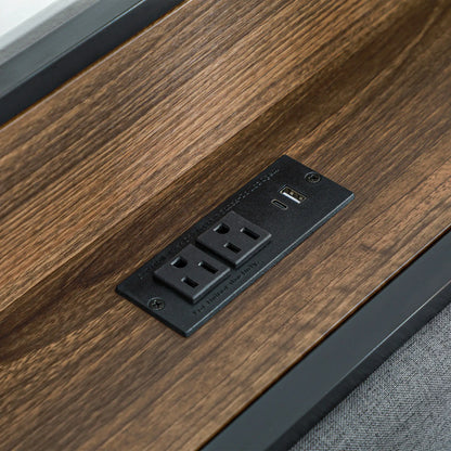 Full Size Bed Frame with Charging Station, Upholstered Headboard, Storage Shelf, Walnut Bed Frames at Gallery Canada