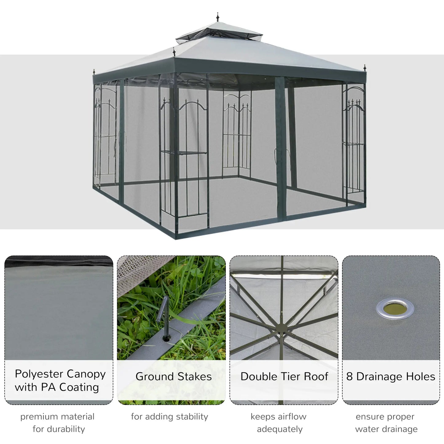 10' x 10' Steel Outdoor Gazebo, Removable Mesh Curtains, Grey Gazebos at Gallery Canada