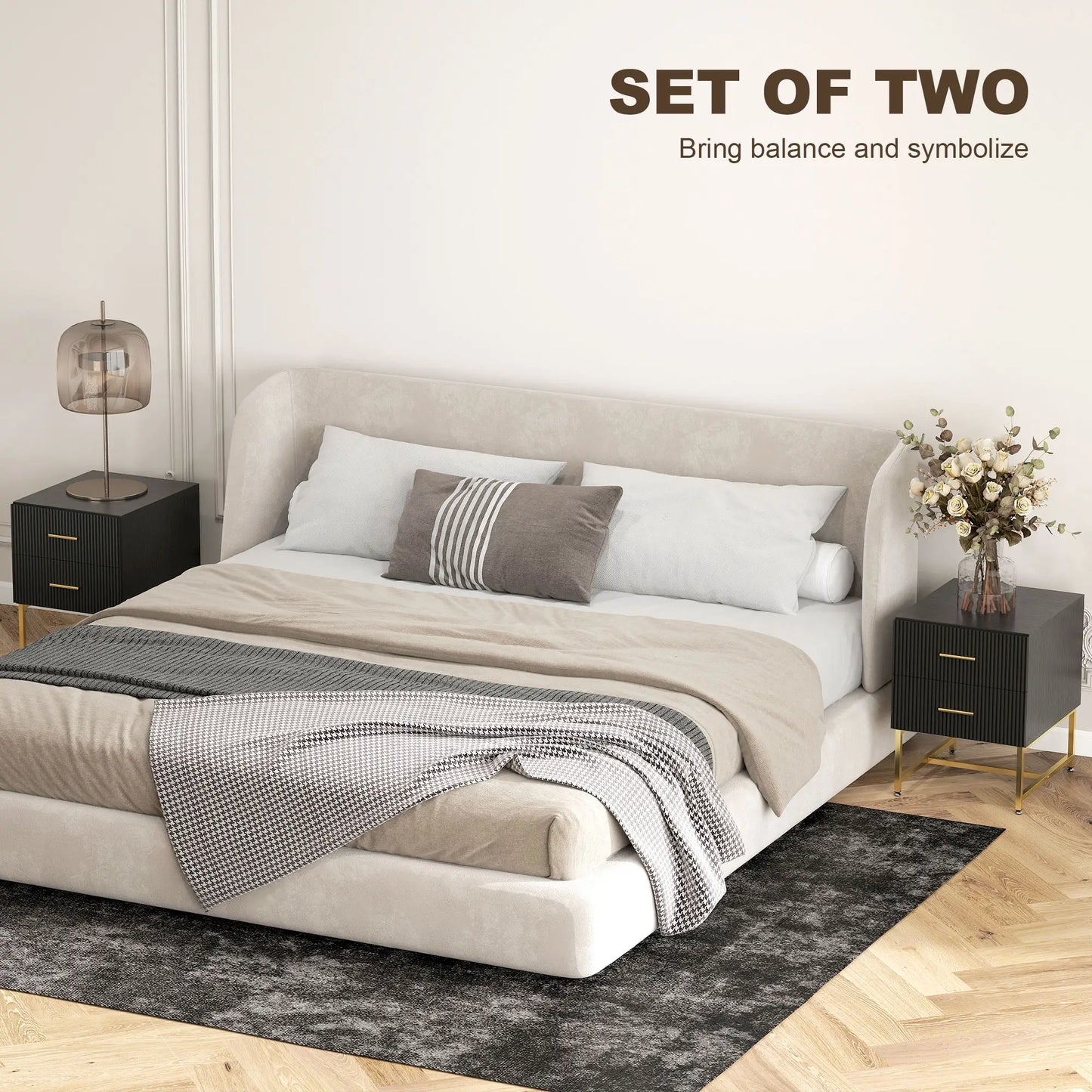 Modern Nightstands With Storage, 2 Fluted Drawers, Gold Legs, Black Bedside Tables at Gallery Canada