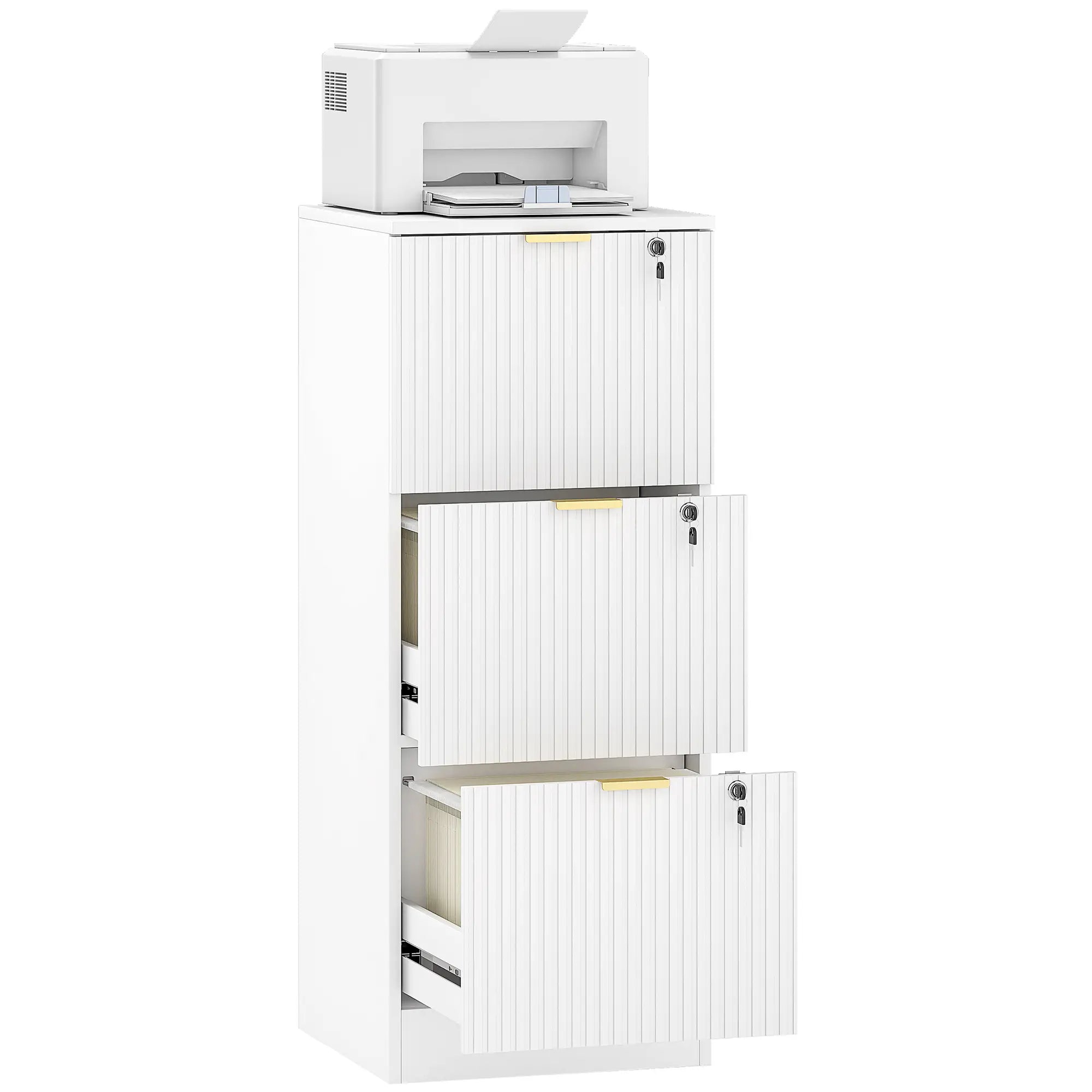 Lockable Filing Cabinet, 3 Fluted Drawers, Adjustable Hanging Rails, White Office Cabinets & Cupboards at Gallery Canada