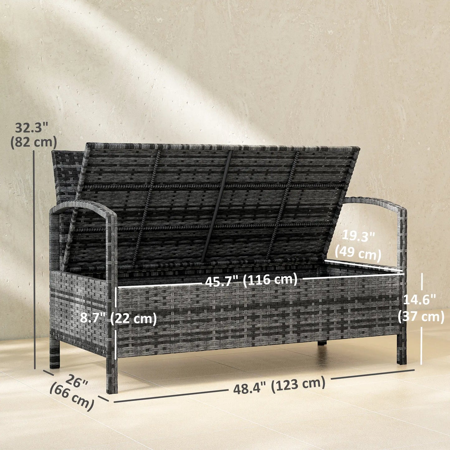 33 Gallon Outdoor Storage Bench, Wicker Deck Box Patio Seat, Grey Outdoor Benches at Gallery Canada