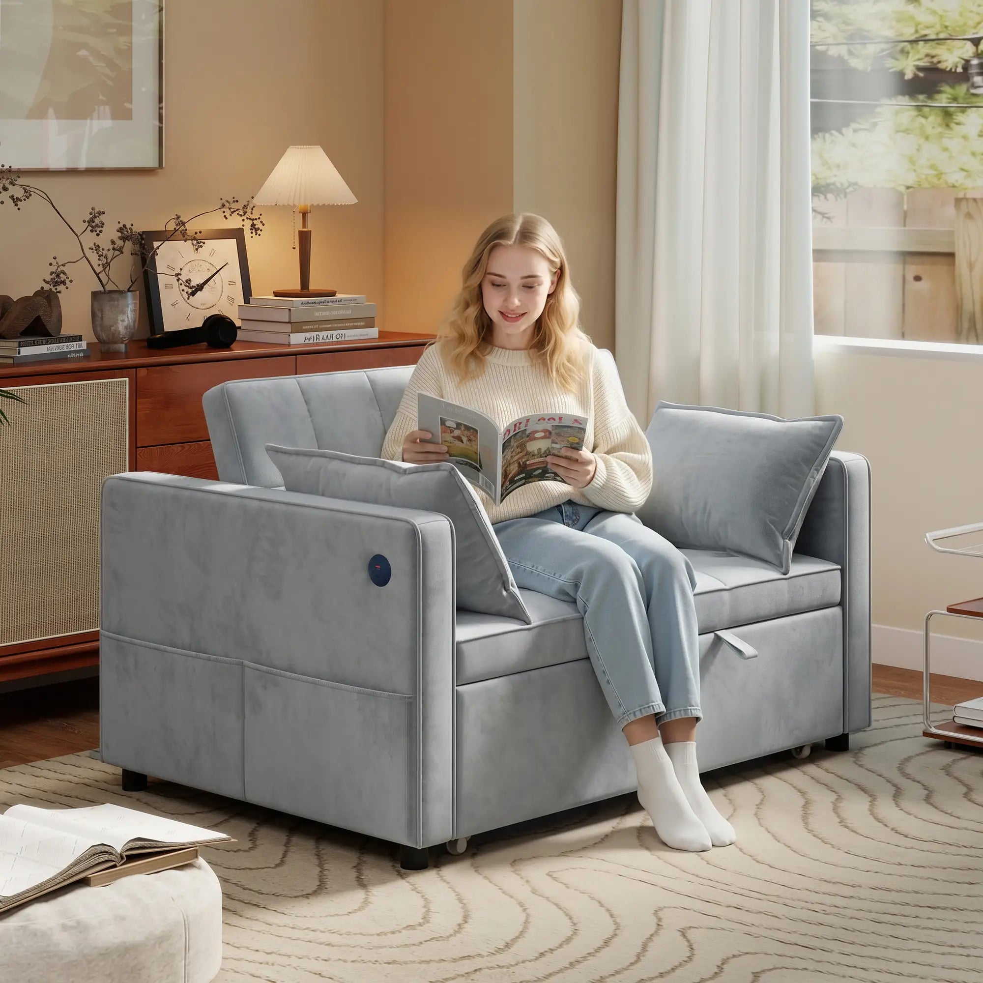3-In-1 Convertible Sofa Bed, Pull Out Sleeper, Adjustable Backrest, Light Grey 2-Seater Sofas at Gallery Canada