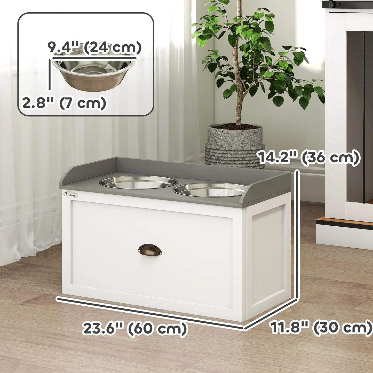 Station d'alimentation pour chiens surélevée, 2 bols en acier inoxydable, 23,6"x11,8"x14,2", blanc