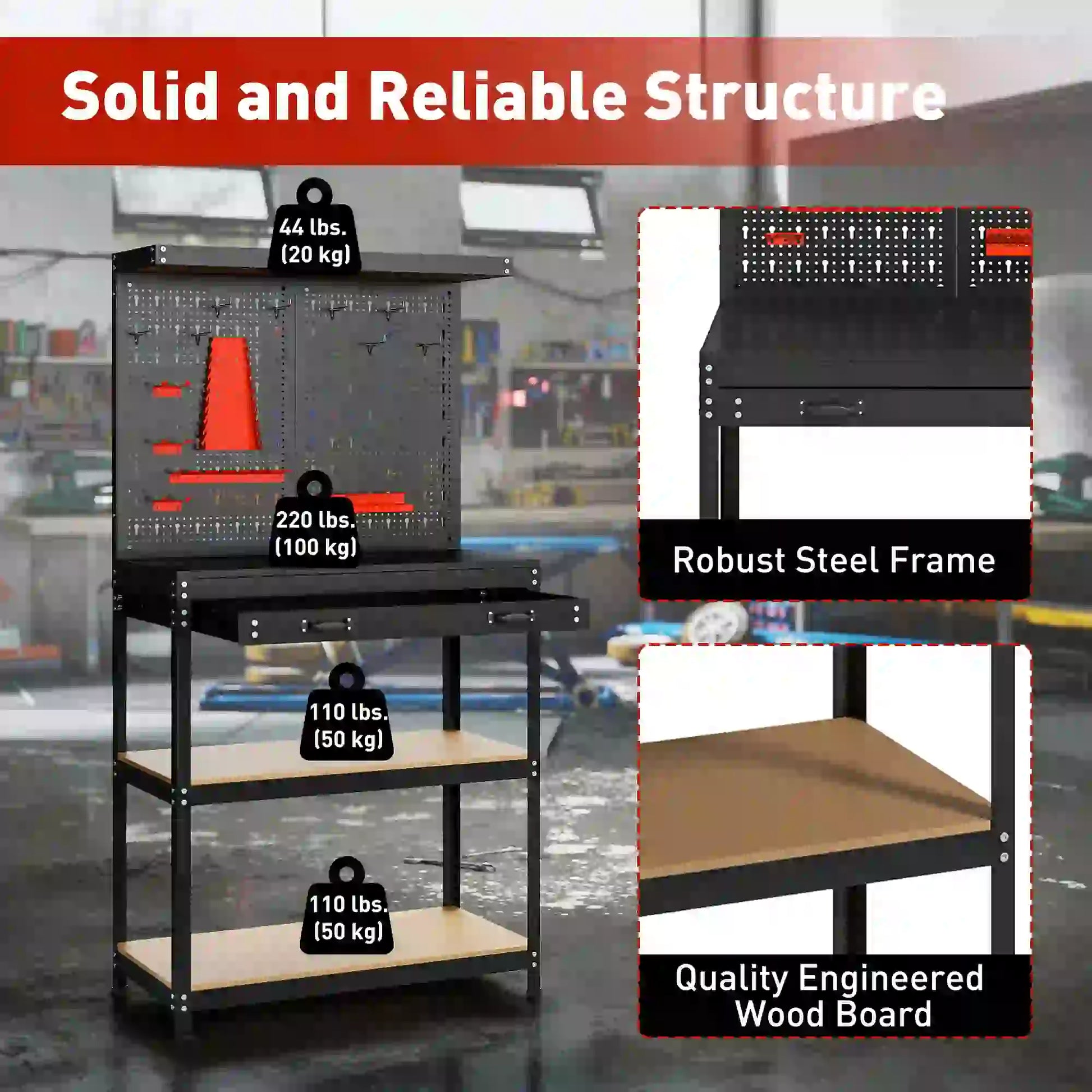 31.5 Inch Workbench with Pegboard, 2 Shelves, Drawer, Black Tool Organizers at Gallery Canada
