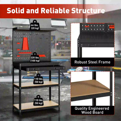 31.5 Inch Workbench with Pegboard, 2 Shelves, Drawer, Black Tool Organizers at Gallery Canada