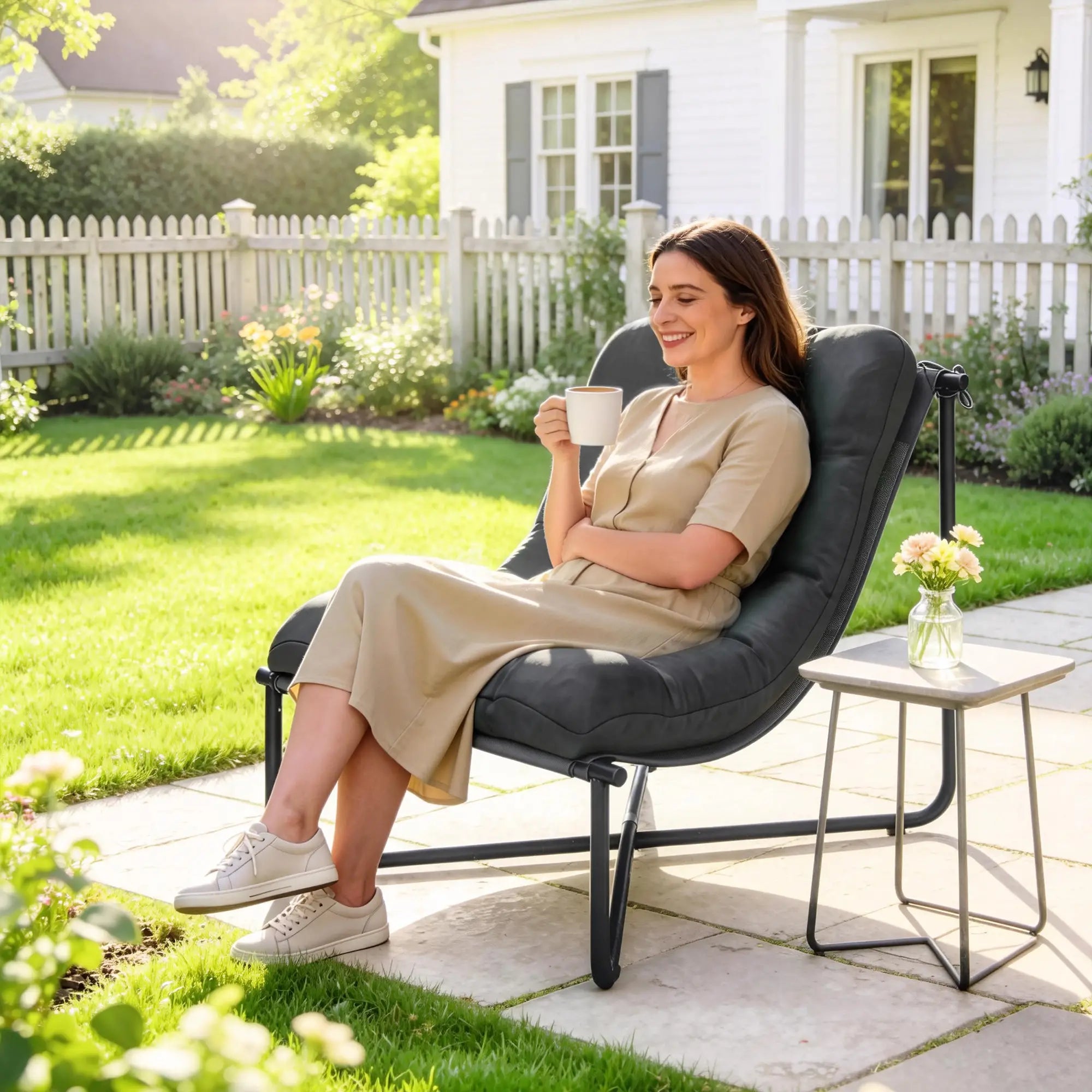 Outdoor Patio Chair, Comfy Sling Lounge With Cushion, Steel Frame, Dark Grey Patio Chairs at Gallery Canada