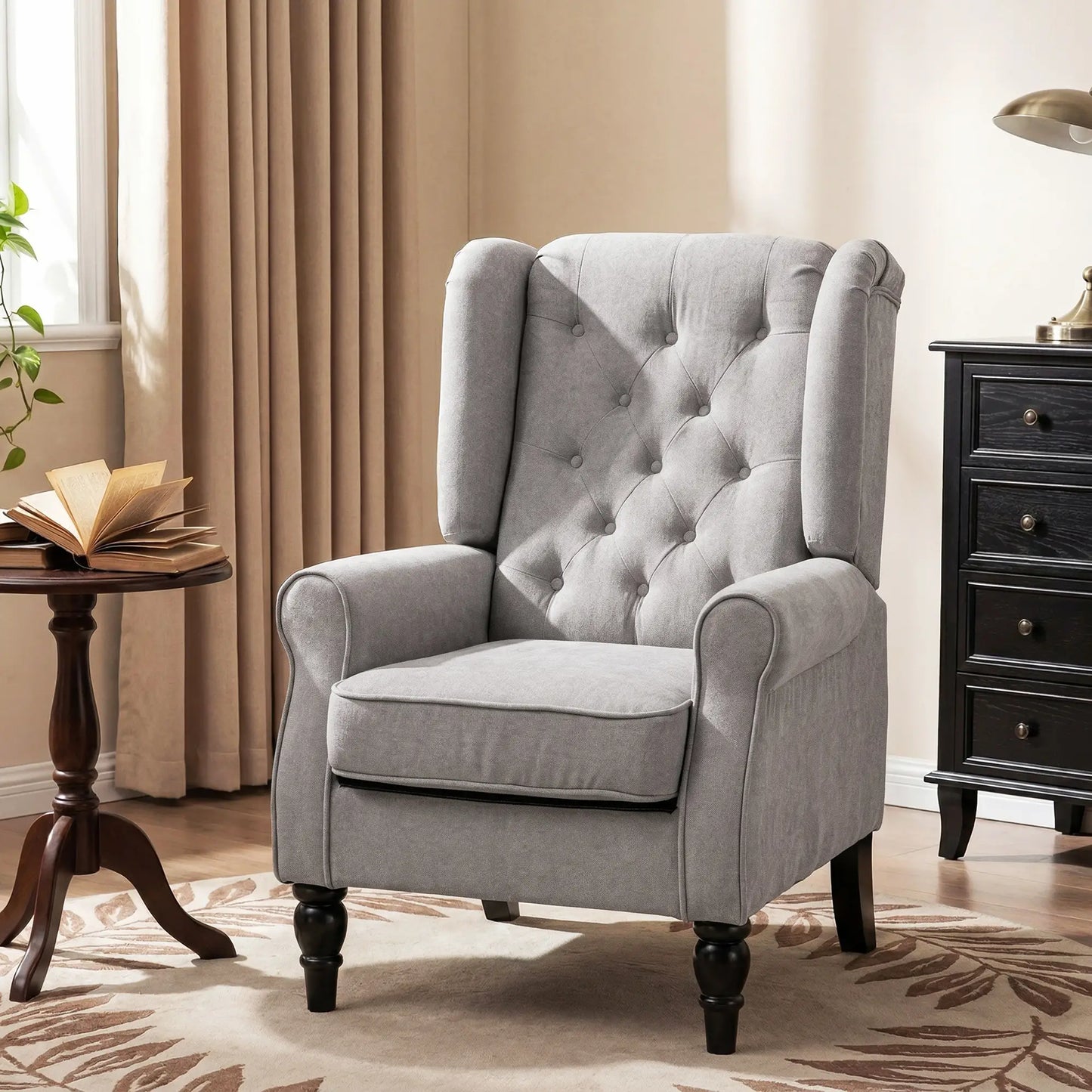 Fabric Accent Chair, Button Tufted Armchair, Modern Living Room, Wood Legs, Grey Accent Chairs at Gallery Canada