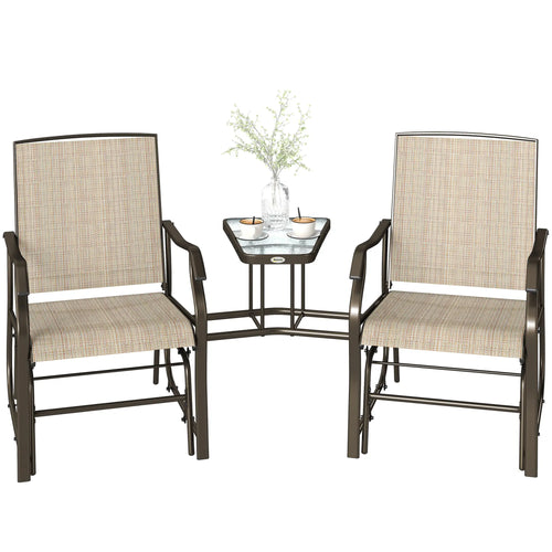 Double Patio Glider Chair, Glass Top Table, All Weather Mesh, Light Brown