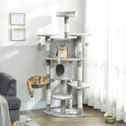 62" Cat Tree With Scratching Post, 2 Condos, Hammock, Light Grey