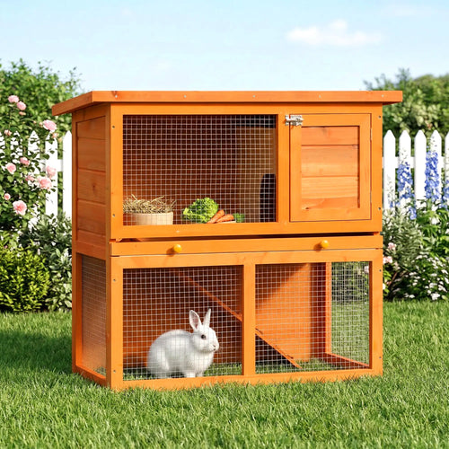 Wooden Rabbit Hutch, Small Animal Cage, 2-Level with Run