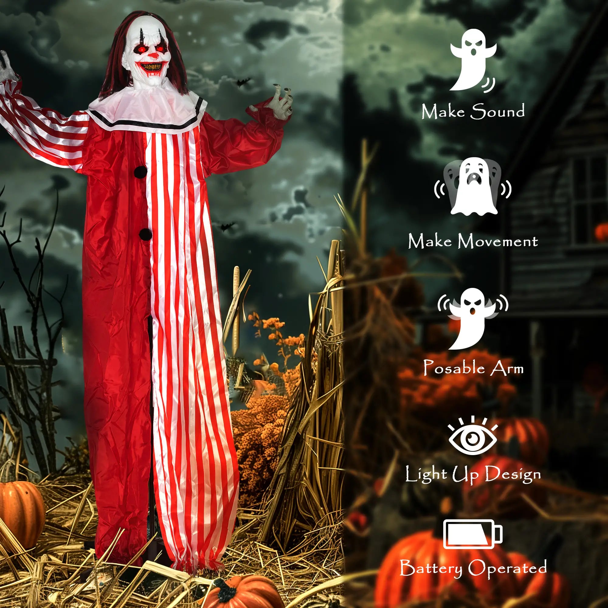 Life Size Animated Clown, Red Light Up Eyes, Sound Activated, Battery Operated, Red Halloween Decorations at Gallery Canada