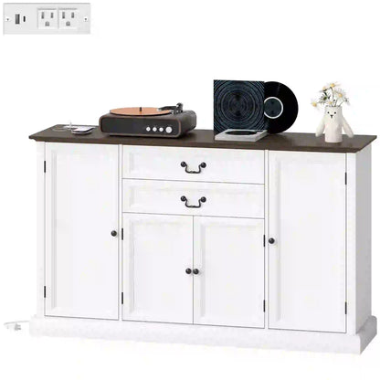 Farmhouse Sideboard with Charging Station, 58 Inch Buffet Cabinet, White Storage Cabinets White Wood Grain, Brown Wood Grain at Gallery Canada
