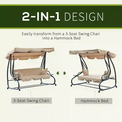 3-Seat Outdoor Swing Chair, Convertible Flat Bed, Adjustable Canopy, Beige Patio Swings with Stand at Gallery Canada