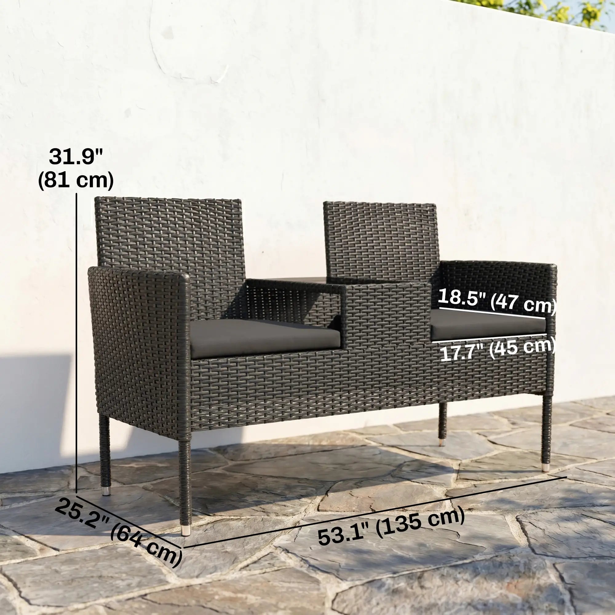 PE Rattan Loveseat with Cushion, Mid-Table, Black Patio Chairs at Gallery Canada