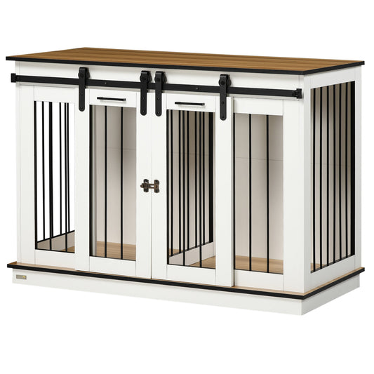 Dog Crate Furniture with Divider Panel, Wooden Dog Kennel TV Stand for Large Dogs, Pet House Side Table for 2 Small Dogs with Two Rooms Design, 2 Sliding Doors, White - Gallery Canada