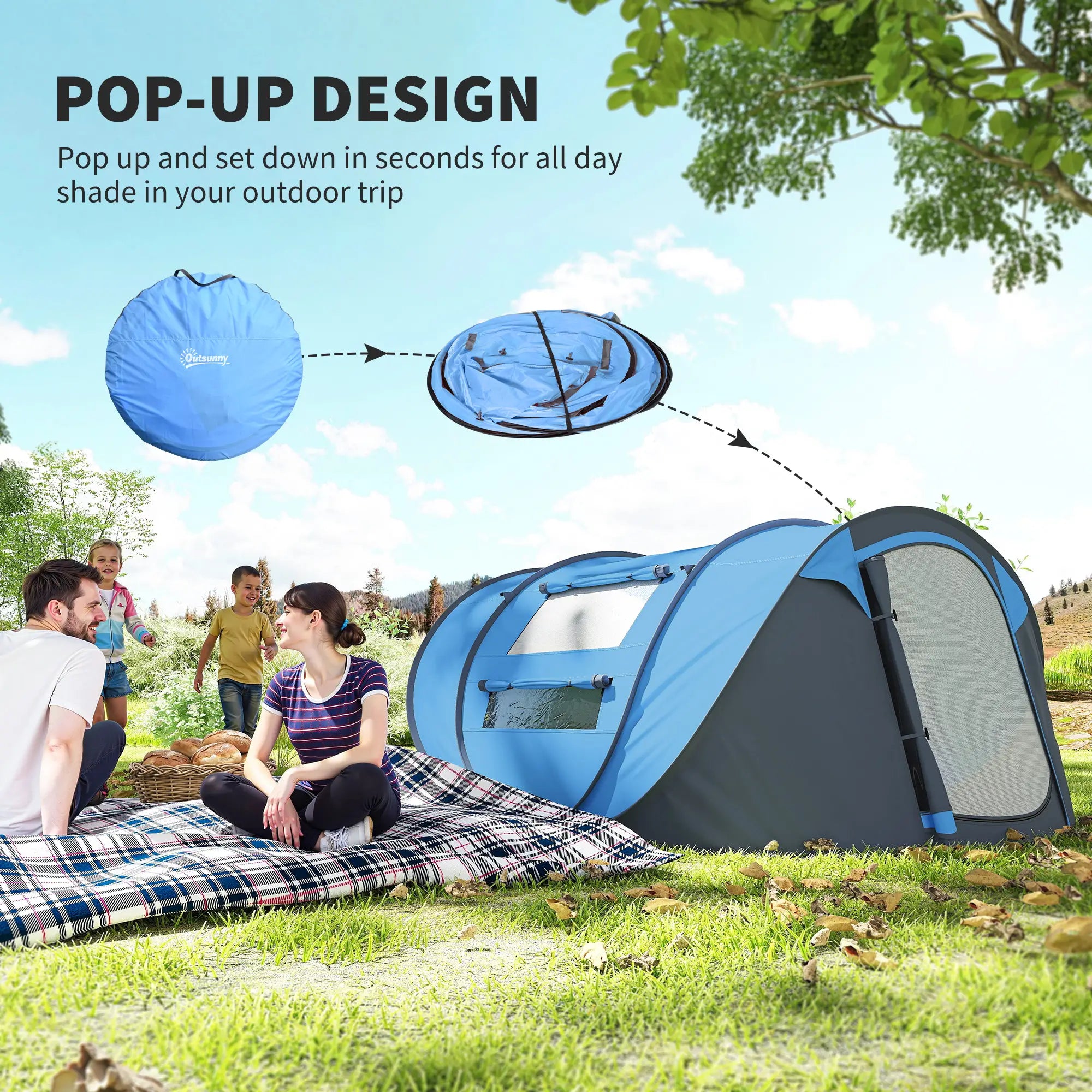 4 Person Pop Up Tent, Automatic Setup, With Doors, Windows, Carry Bag, Blue Camping Tents at Gallery Canada