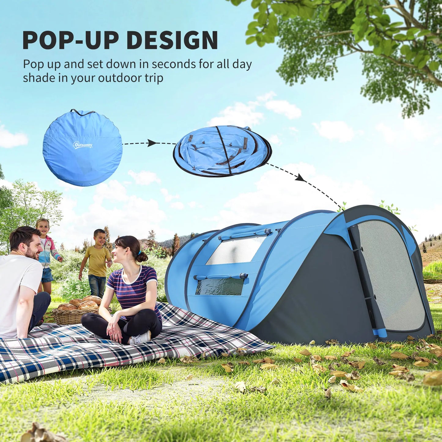 4 Person Pop Up Tent, Automatic Setup, With Doors, Windows, Carry Bag, Blue Camping Tents at Gallery Canada