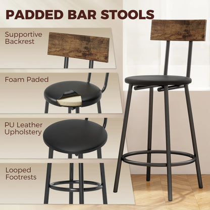 Bar Table Set, 4 PU Cushioned Barstools, Rustic Brown