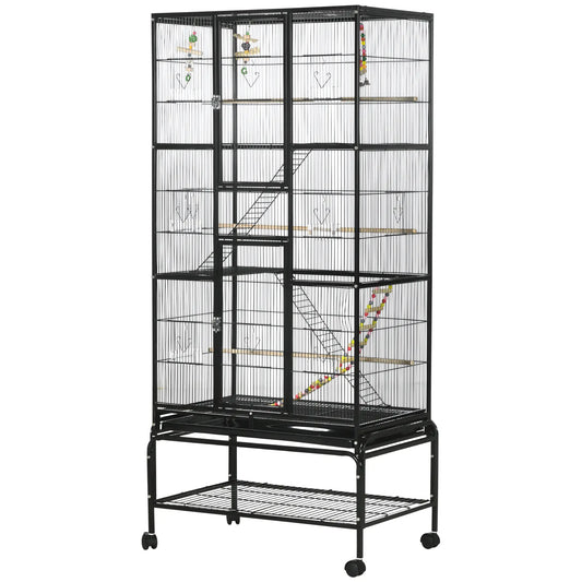 71" Bird Cage with Wheels, Perches, Ramp, Shelf, Toys, Black Bird Cages Black at Gallery Canada