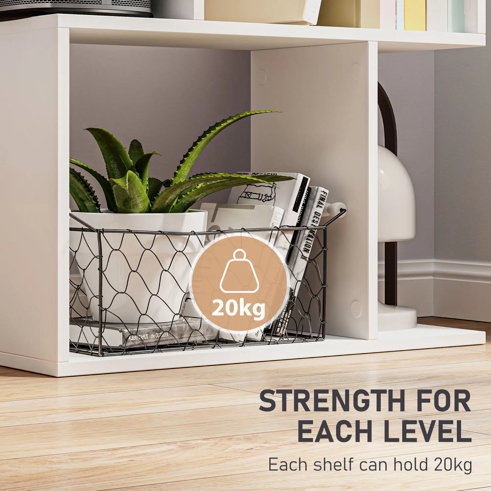 5-Tier Geometric Bookshelf, S Shaped Bookcase, White Display Bookshelves at Gallery Canada