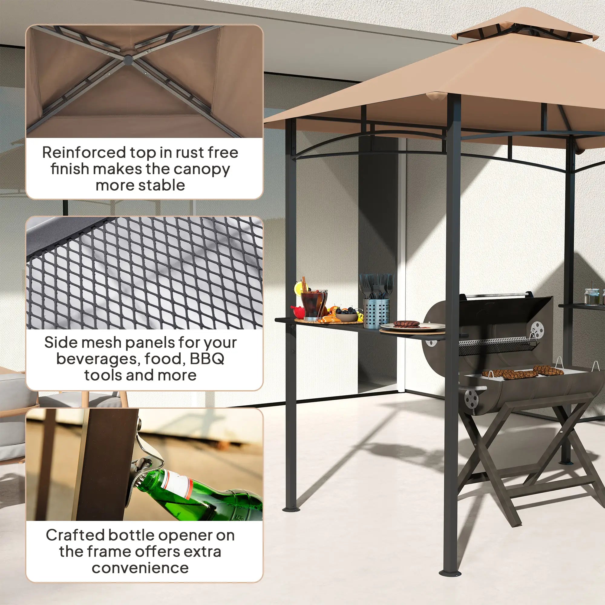 8' x 5' BBQ Grill Gazebo Tent, Double Tiered Canopy, Outdoor Sun Shade, Khaki BBQ Grill Gazebos at Gallery Canada