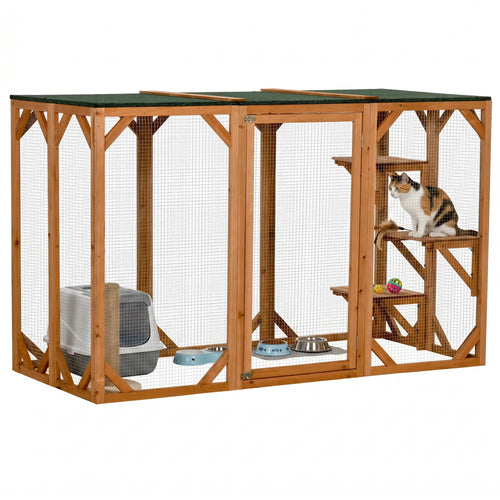 Indoor Outdoor Cat Cage, Pet House for Rabbit Kitten, Small Animal Hutch with Waterproof Roof, Multi-Level Platforms, Lock, Orange