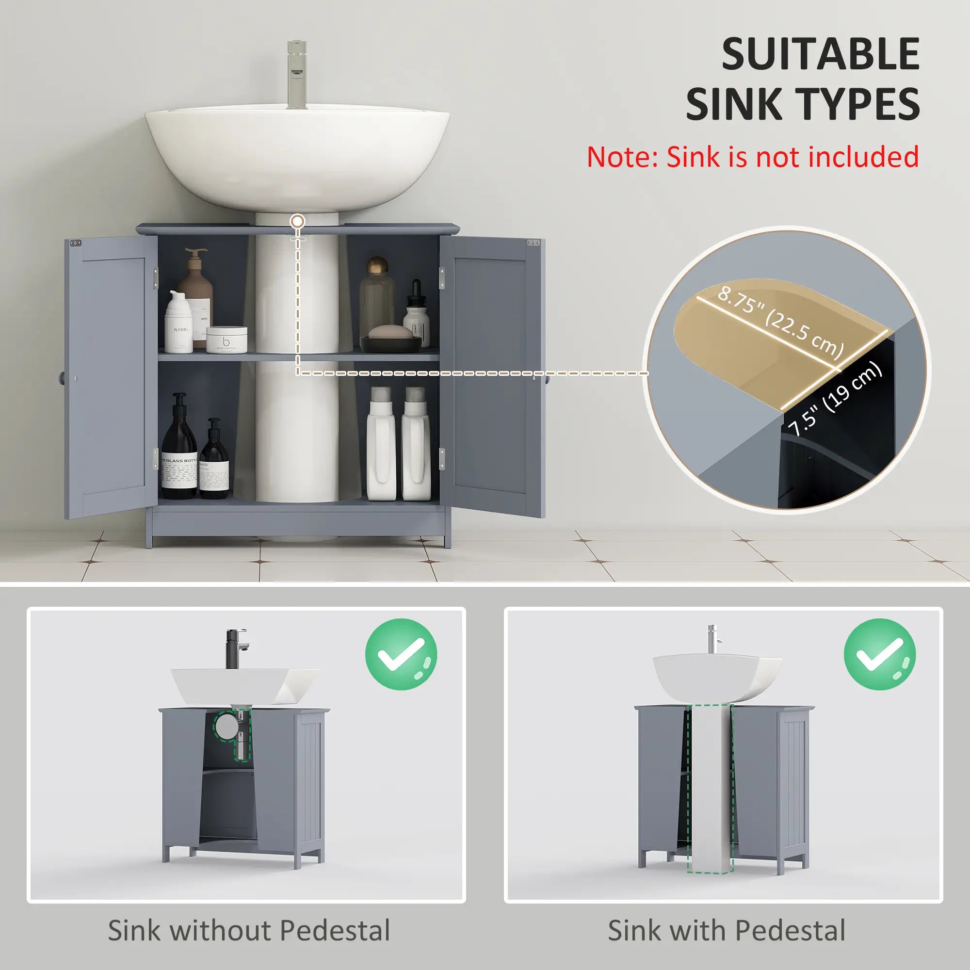 Under Sink Bathroom Cabinet, 2 Doors, Shelf, Grey Bathroom Cabinets at Gallery Canada